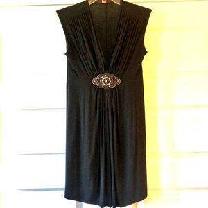 UNYX Jeweled Broche Tunic Top Mini Dress Plunging Ruched Neck Black Cap Sleeve M